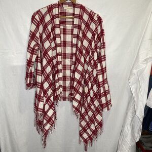 ORANGE CREEK Cardigan Plaid Fringe Open Front Long Sleeve Womens M L Red White